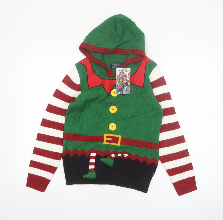 Next Boys Green Elf Hooded Christmas Jumper 10 Years Acrylic Knit