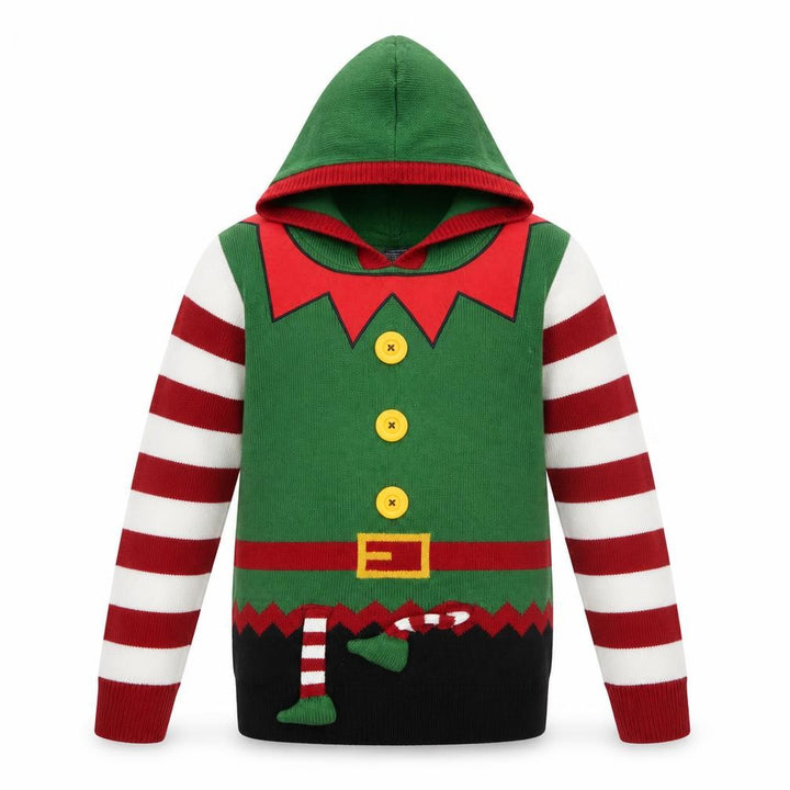 Front view of Next boys’ green elf hooded christmas jumper 10 years acrylic knit