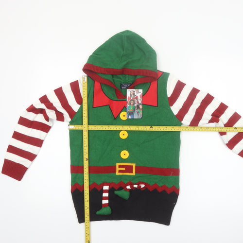 Next Boys Green Elf Hooded Christmas Jumper 10 Years Acrylic Knit