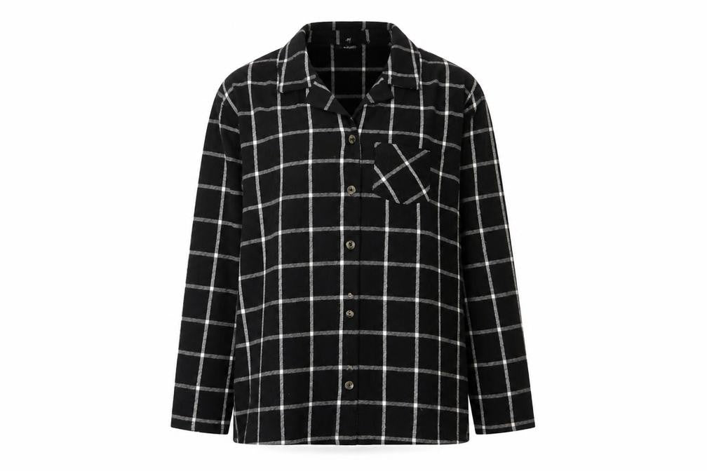 This is Unfolded Women's Black Check Flannel Pyjama Top UK 16
