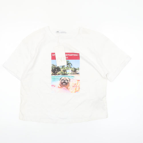 ZARA Women’s White Cotton Cropped Graphic T-Shirt Size 12