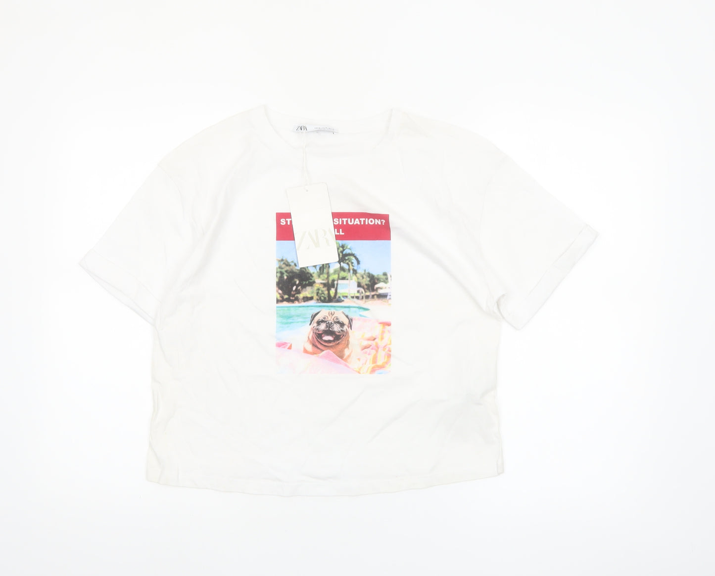 ZARA Women’s White Cotton Cropped Graphic T-Shirt Size 12