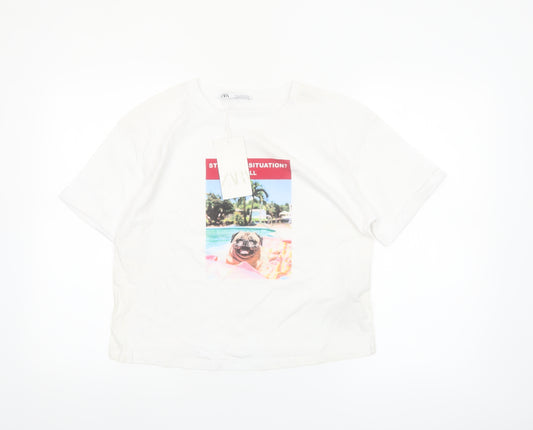 ZARA Women’s White Cotton Cropped Graphic T-Shirt Size 12