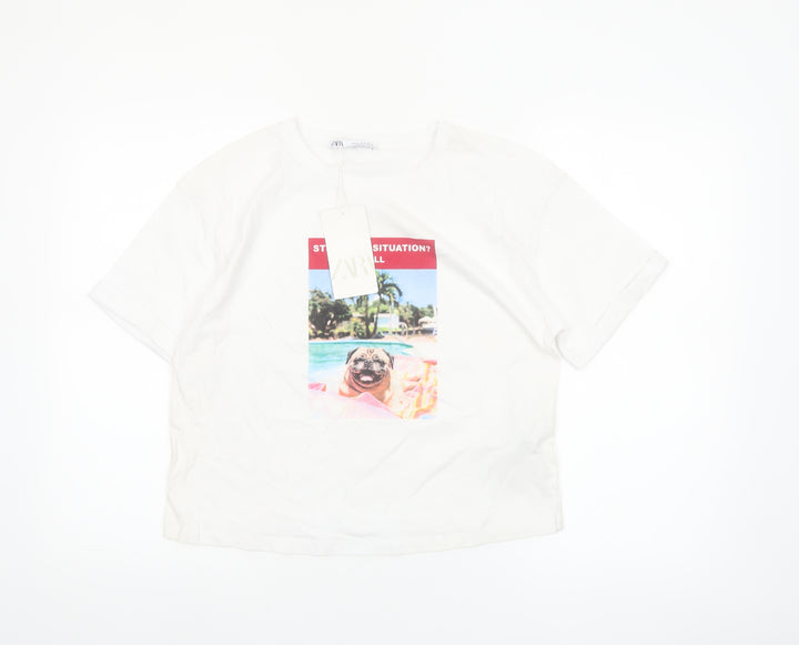 ZARA Women’s White Cotton Cropped Graphic T-Shirt Size 12