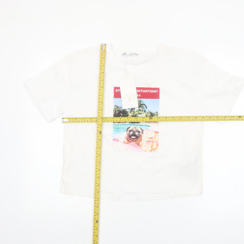 ZARA Women’s White Cotton Cropped Graphic T-Shirt Size 12