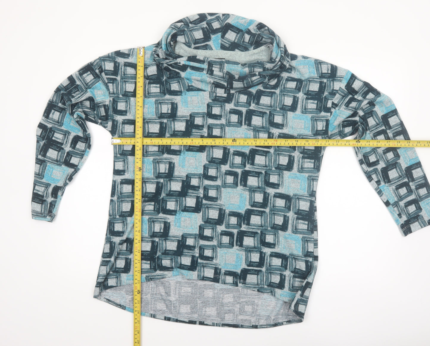 TIGI Women’s Blue Geometric Cowl Neck Long Sleeve Top Size 14