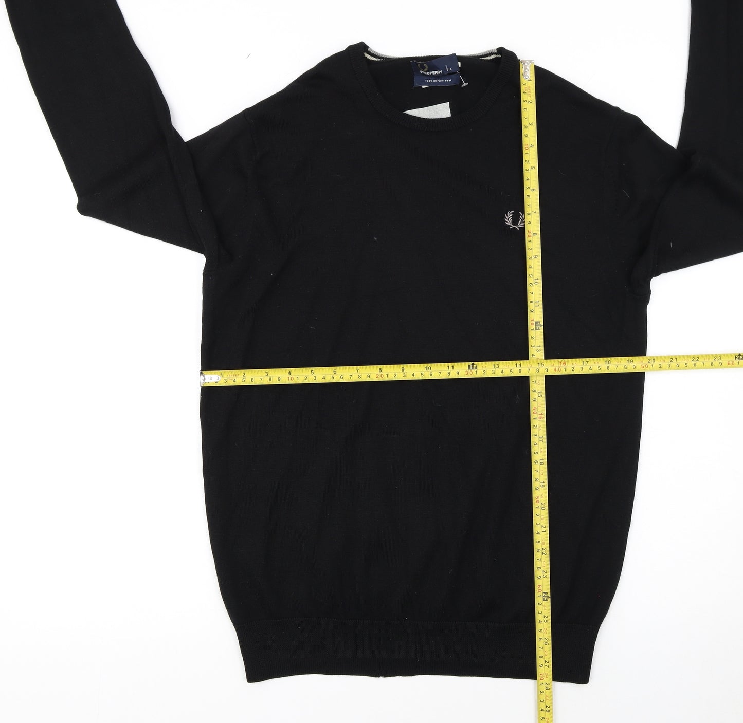 Fred Perry Men's Black Merino Wool Crew Neck Jumper L