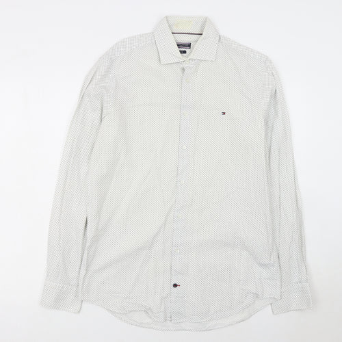 Tommy Hilfiger Men's White Slim Fit Polka Dot Long Sleeve Shirt 15.5