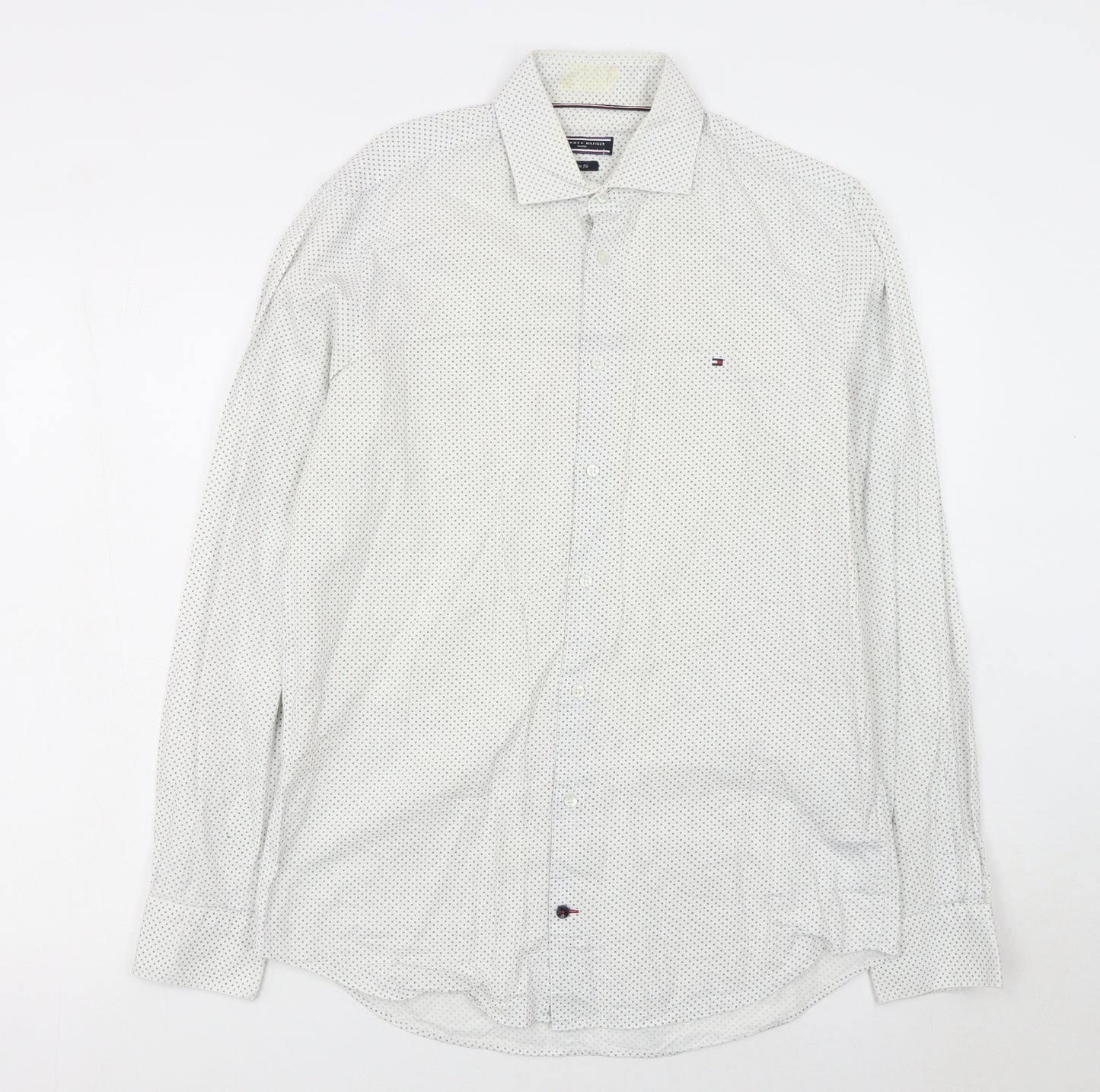 Tommy Hilfiger Men's White Slim Fit Polka Dot Long Sleeve Shirt 15.5