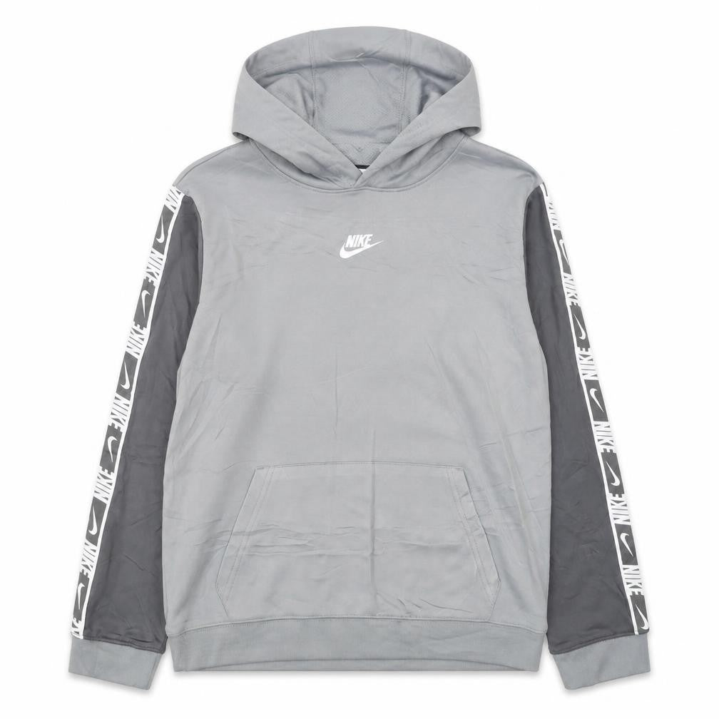 Front view of Nike boys’ grey dri-fit xl pullover hoodie with logo sleeves