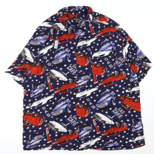 George Men's Blue Retro Car Print Short Sleeve Button-Up Shirt 2XL