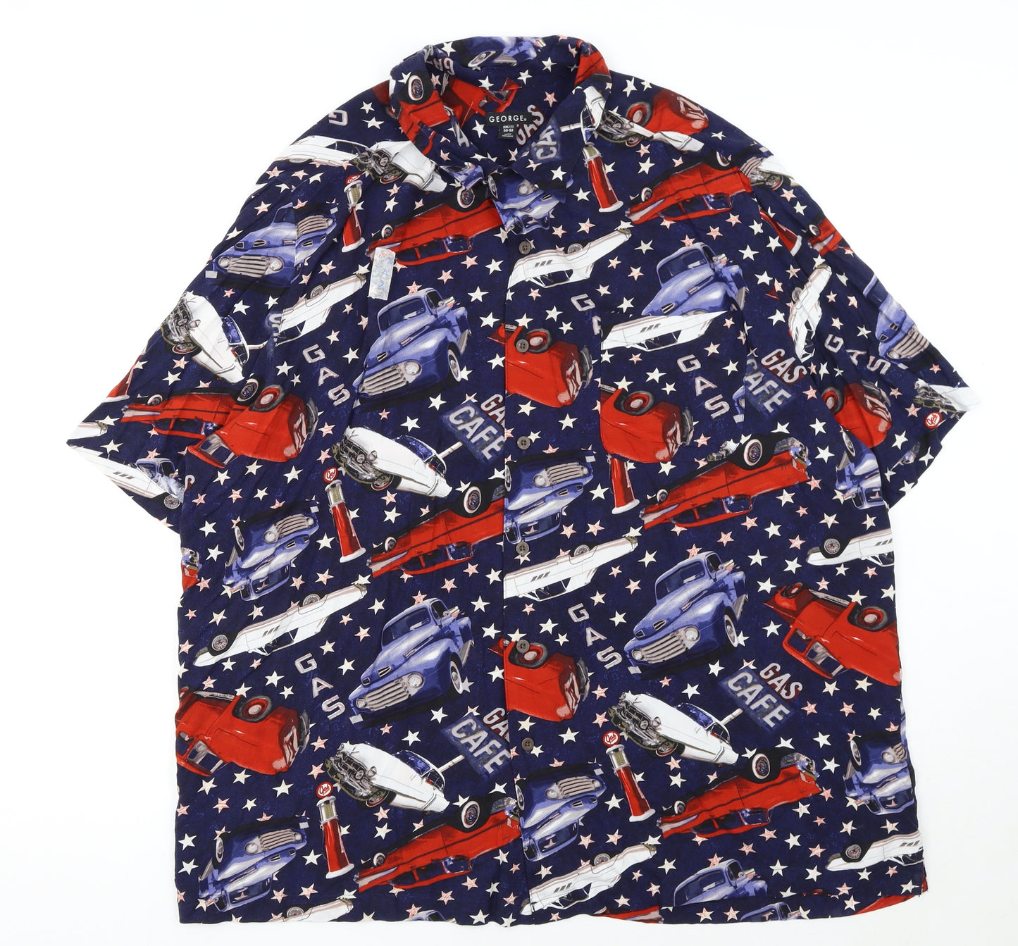 George Men's Blue Retro Car Print Short Sleeve Button-Up Shirt 2XL