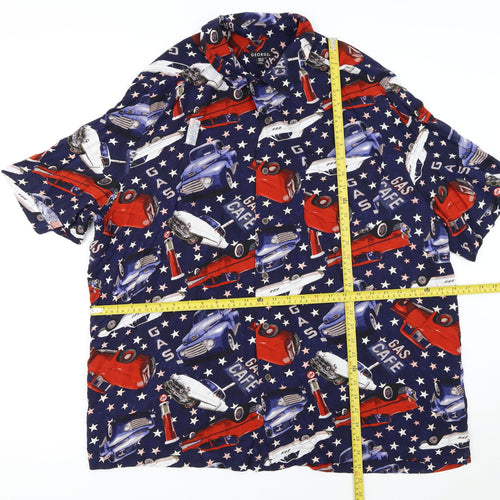 George Men's Blue Retro Car Print Short Sleeve Button-Up Shirt 2XL