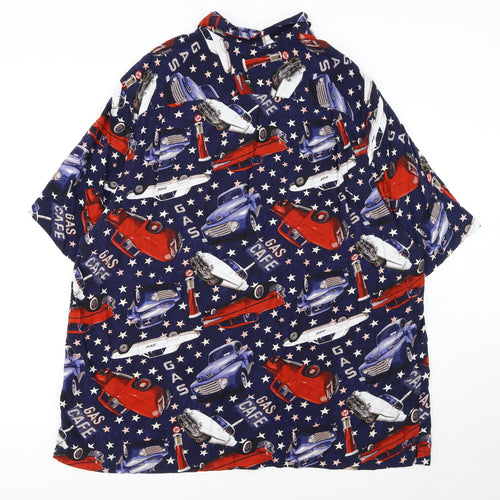 George Men's Blue Retro Car Print Short Sleeve Button-Up Shirt 2XL