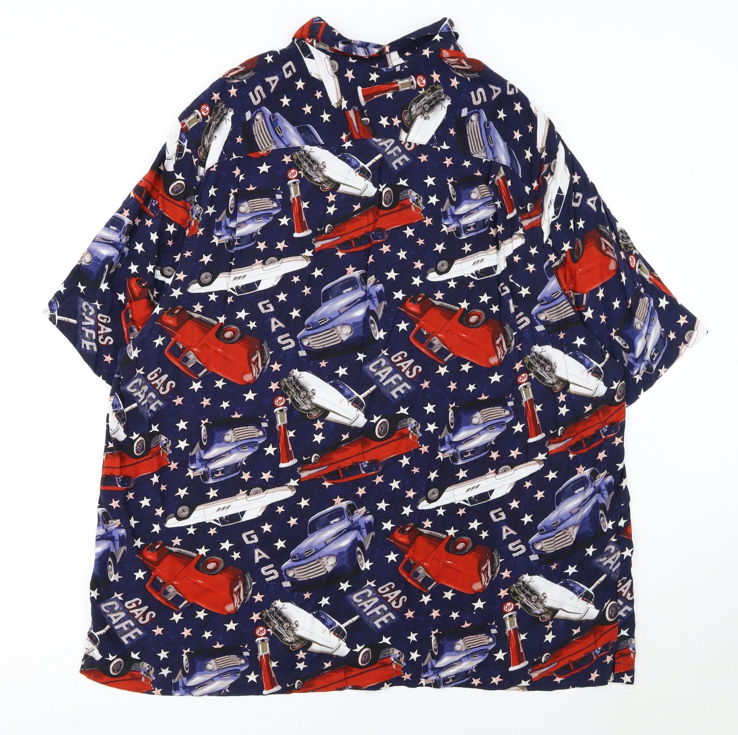 George Men's Blue Retro Car Print Short Sleeve Button-Up Shirt 2XL