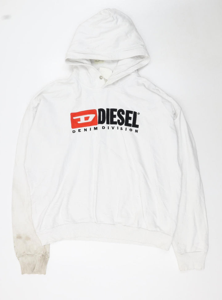 Diesel Mens White XXL Pullover Hoodie Cotton Graphic Logo