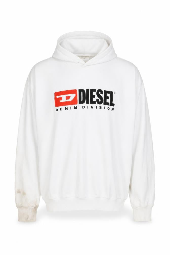 Front view of Diesel men’s white xxl pullover hoodie cotton graphic logo