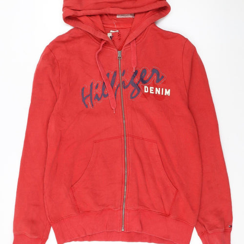 Tommy Hilfiger Men’s Red Full Zip Hoodie XL Fleece Logo Sweatshirt