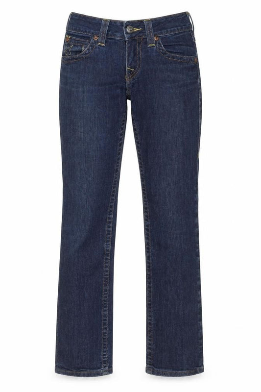Front view of True Religion Women Blue Slim Straight Jeans, size 25, Denim USA Made