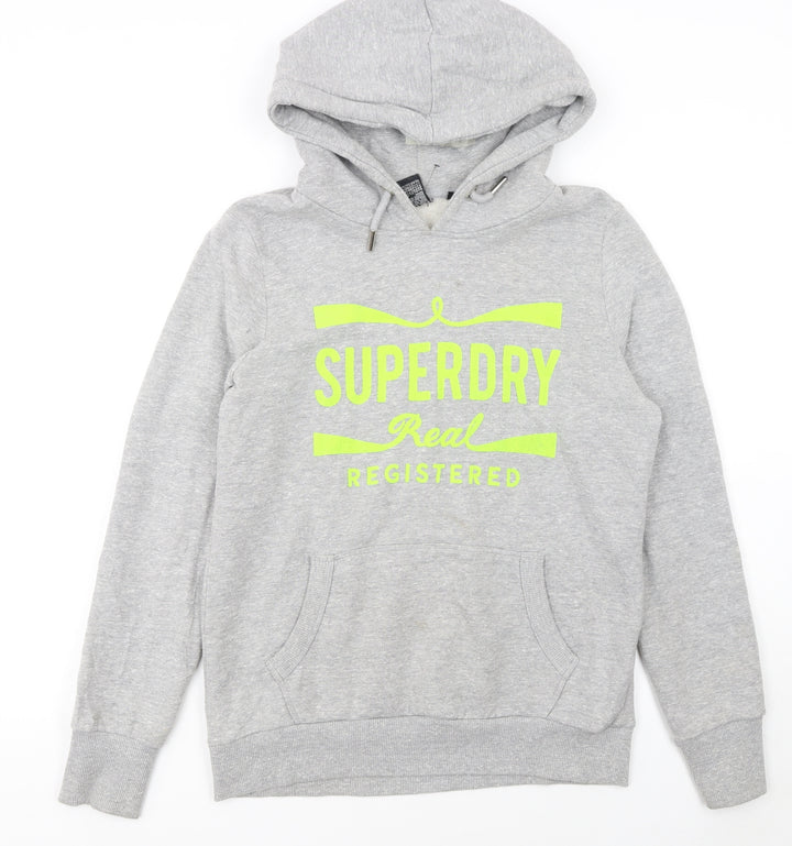 Superdry Womens Grey Hoodie UK 14 Pullover Logo Front Pocket