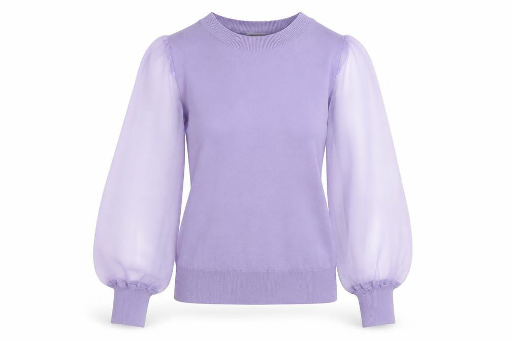 Front view of Gallery Women’s Purple Balloon Sleeve Crew Neck jumper, size S