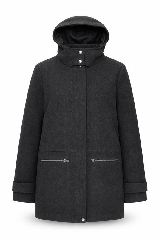 Front view of New Look Women's Grey Hooded Wool Blend Mid-Length Coat, size 8
