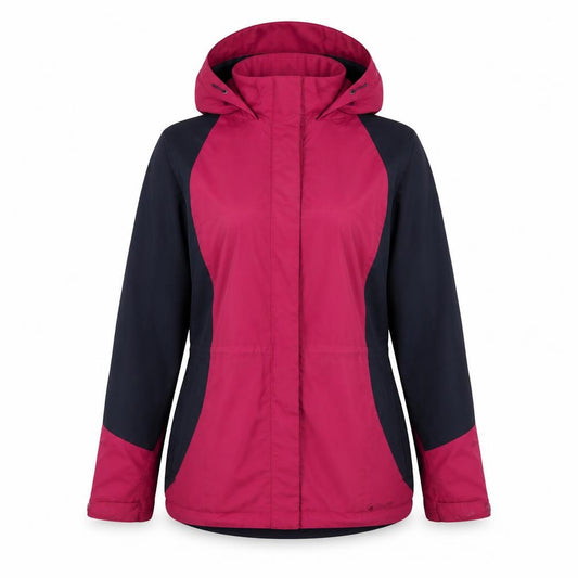 Front view of Peter Storm Women’s Pink & Navy Hooded Waterproof Jacket, size UK 12