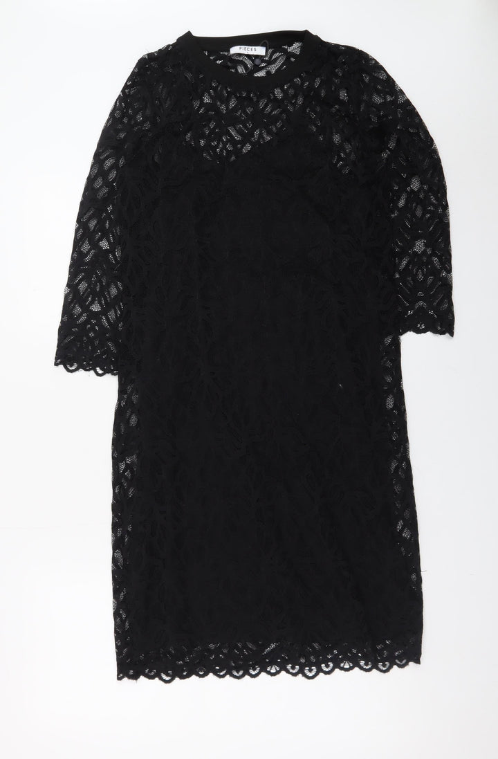 Pieces Women Black Lace Shift Knee Length Dress Size S
