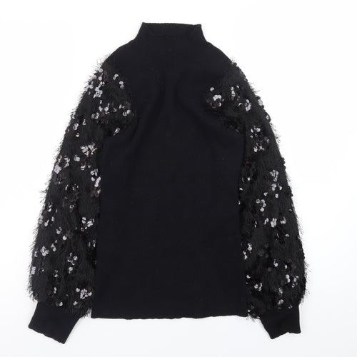 Quiz Women Black Sequin Sleeve Mock Neck Pullover Jumper M