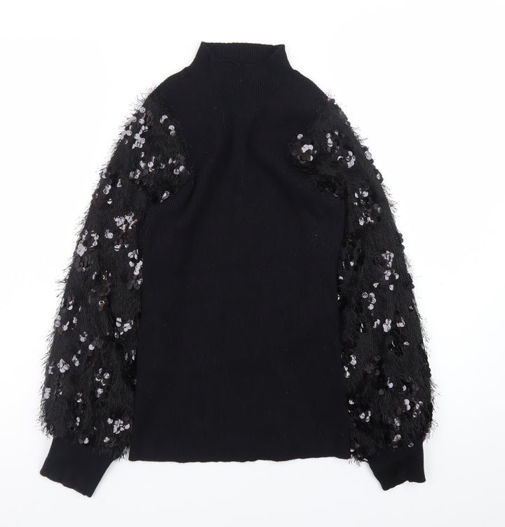Quiz Women Black Sequin Sleeve Mock Neck Pullover Jumper M