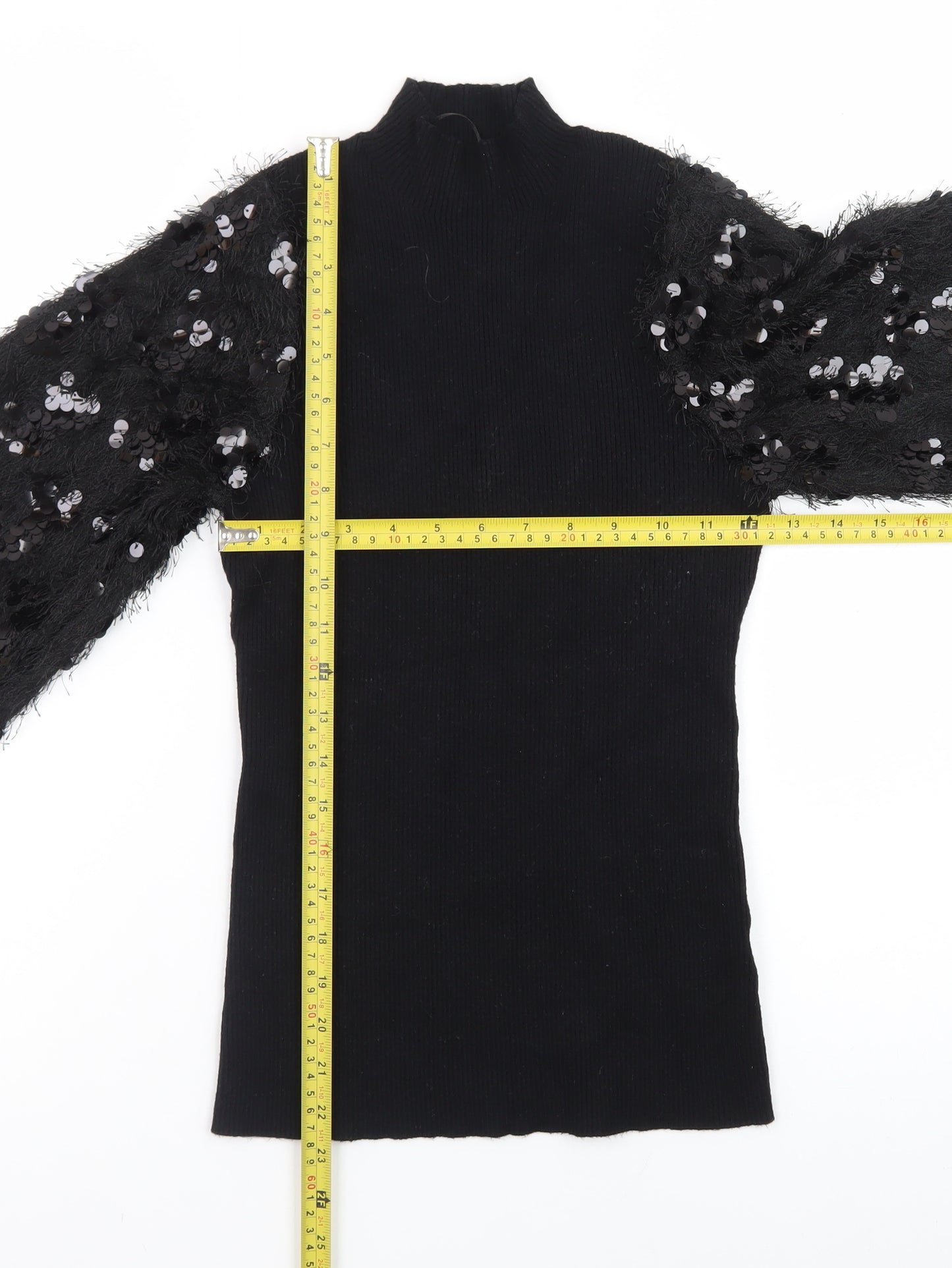 Quiz Women Black Sequin Sleeve Mock Neck Pullover Jumper M
