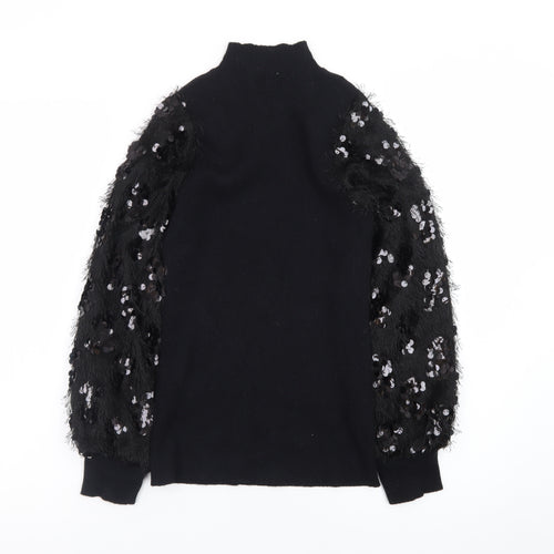 Quiz Women Black Sequin Sleeve Mock Neck Pullover Jumper M