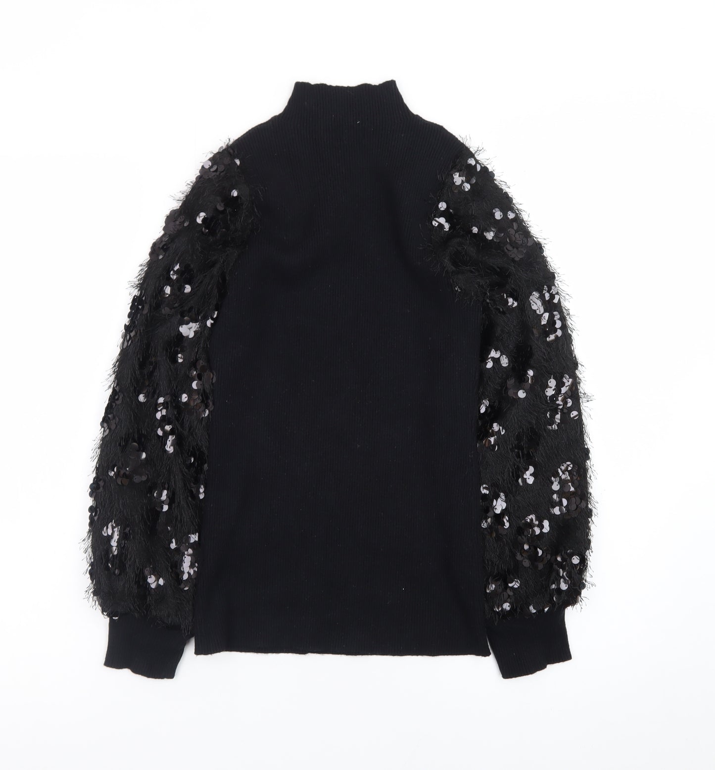 Quiz Women Black Sequin Sleeve Mock Neck Pullover Jumper M