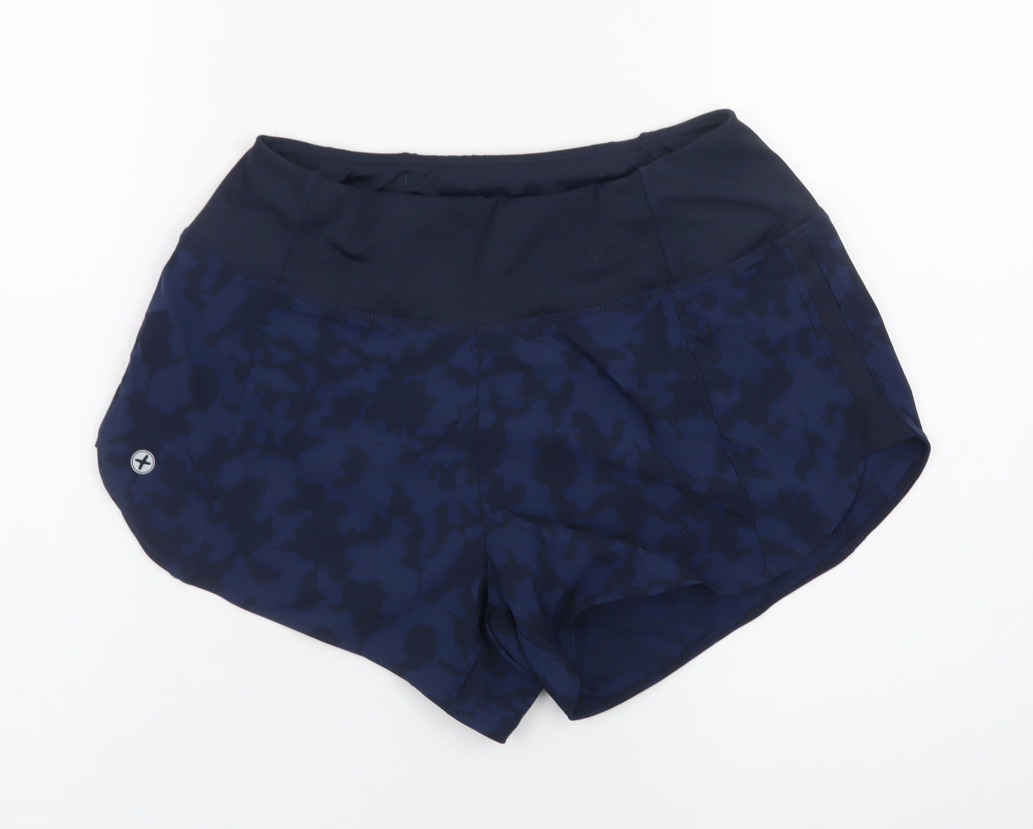 Gym+Coffee Women Blue Camo Running Shorts S Activewear