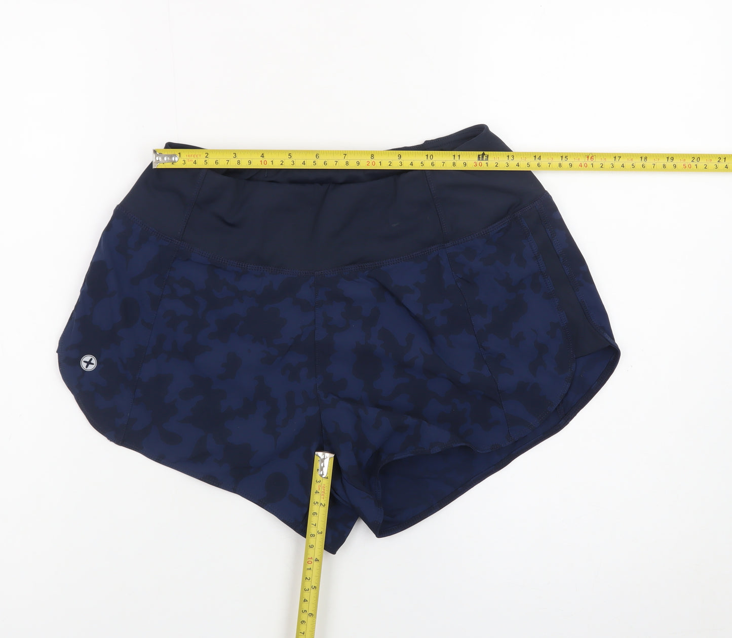Gym+Coffee Women Blue Camo Running Shorts S Activewear