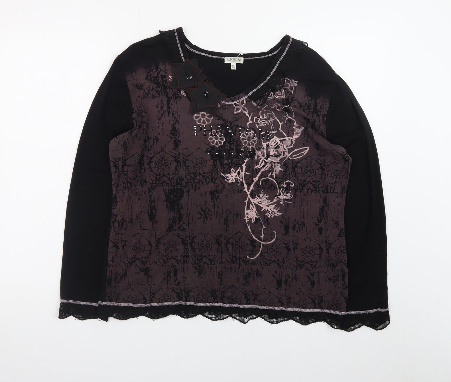 GOLD Womens Black Embroidered Floral Tunic Top Size 16 Viscose Blend