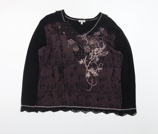 GOLD Womens Black Embroidered Floral Tunic Top Size 16 Viscose Blend