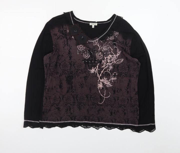 GOLD Womens Black Embroidered Floral Tunic Top Size 16 Viscose Blend