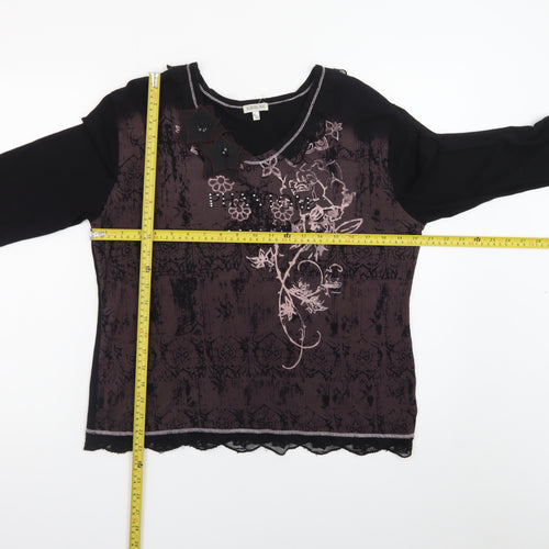 GOLD Womens Black Embroidered Floral Tunic Top Size 16 Viscose Blend