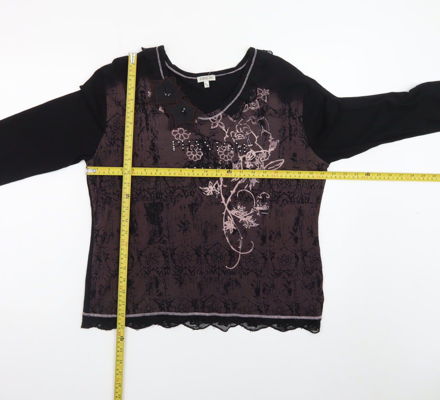 GOLD Womens Black Embroidered Floral Tunic Top Size 16 Viscose Blend