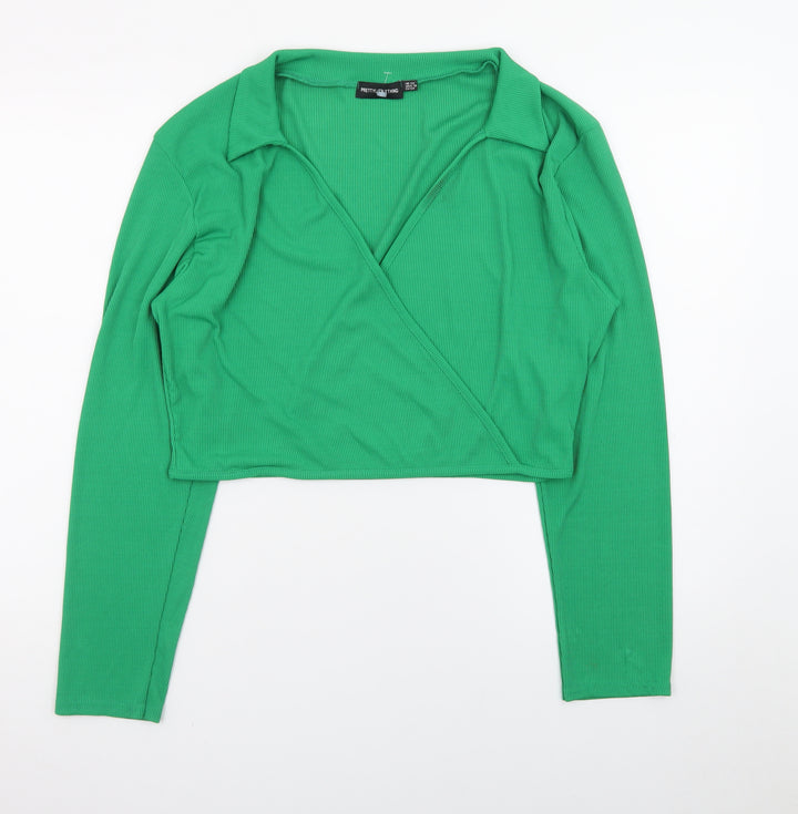 PrettyLittleThing Women’s Green Cropped Long Sleeve V-Neck Blouse Size 22