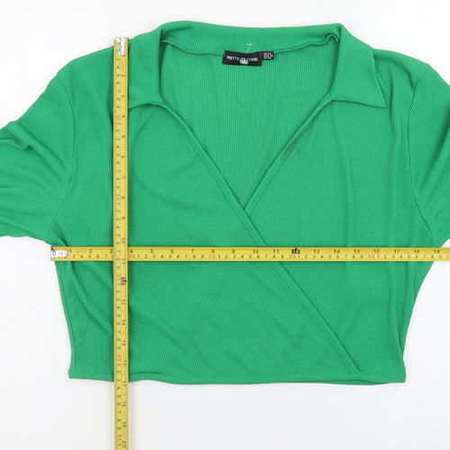 PrettyLittleThing Women’s Green Cropped Long Sleeve V-Neck Blouse Size 22