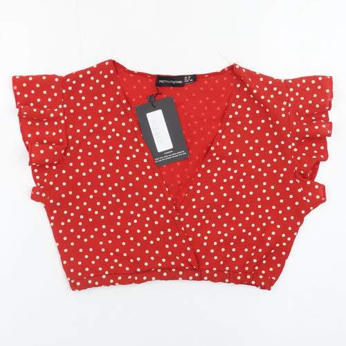 PrettyLittleThing Womens Red Polka Dot Cropped Blouse Size 10