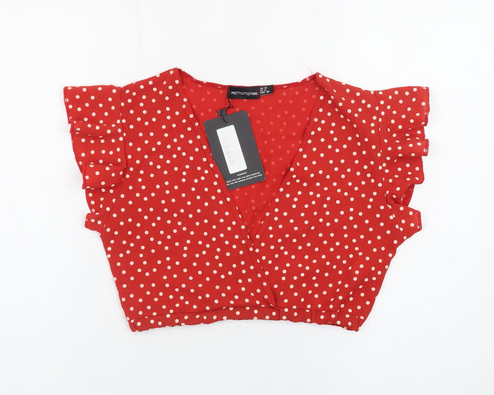 PrettyLittleThing Womens Red Polka Dot Cropped Blouse Size 10
