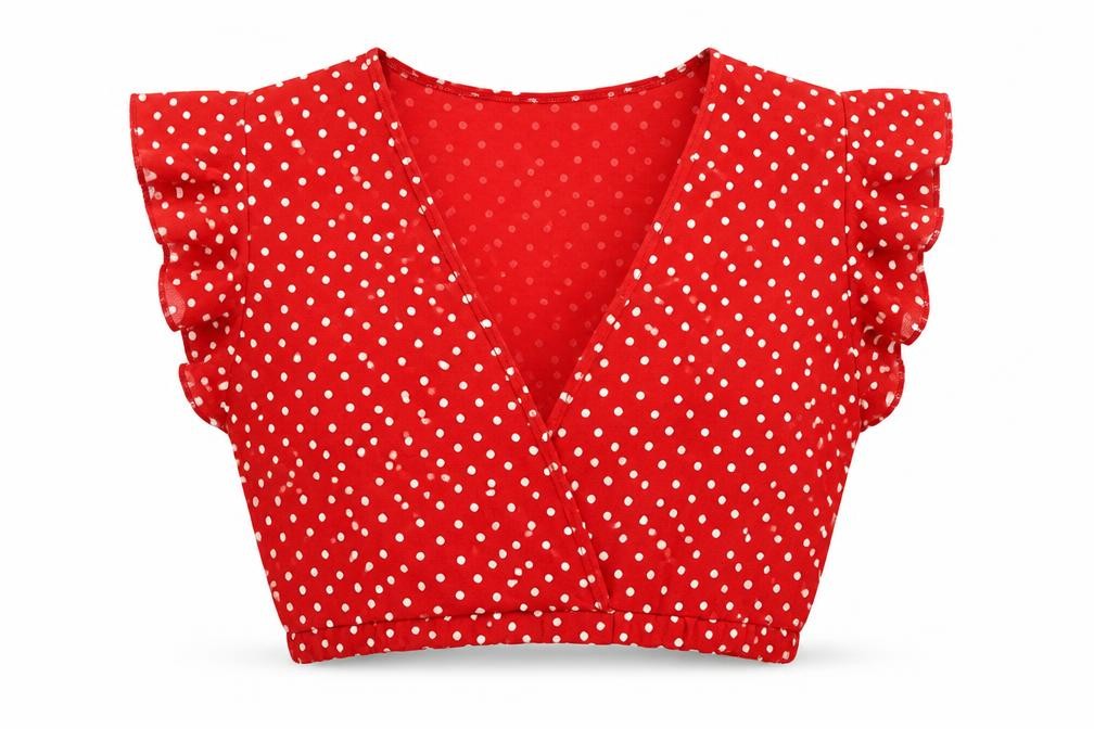 Front view of PRETTYLITTLETHING women’s red polka dot cropped blouse, size UK 10