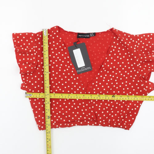 PrettyLittleThing Womens Red Polka Dot Cropped Blouse Size 10