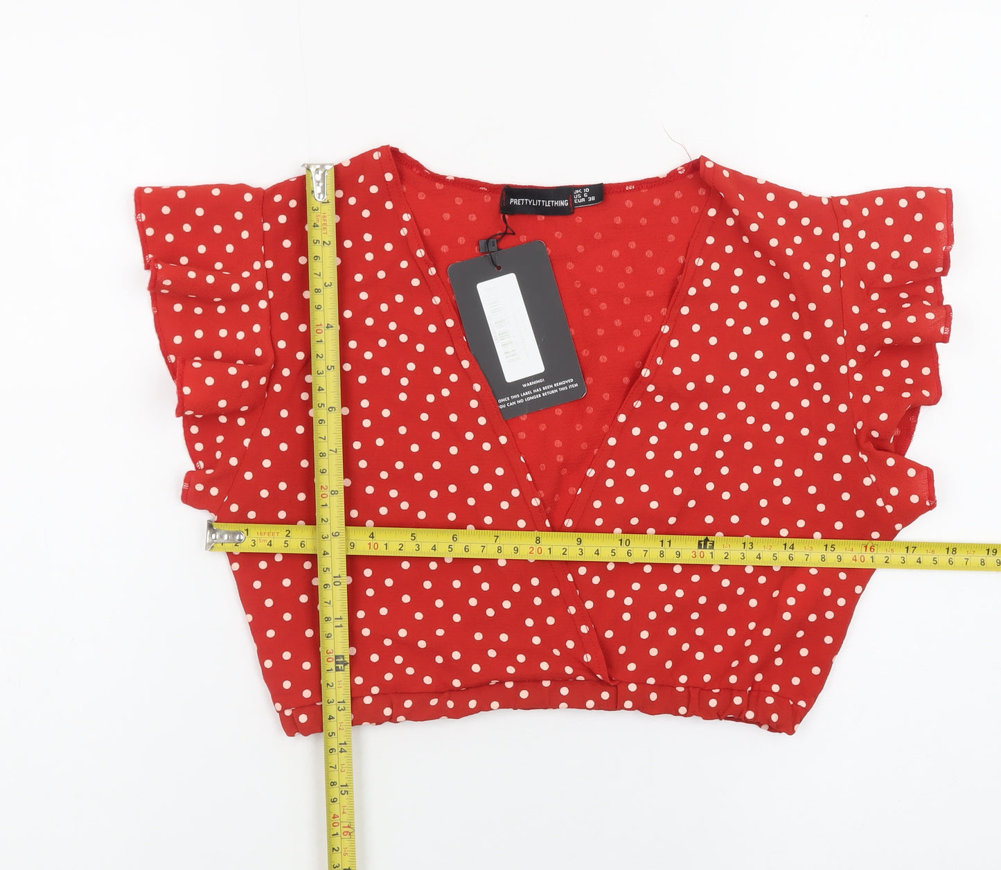 PrettyLittleThing Womens Red Polka Dot Cropped Blouse Size 10