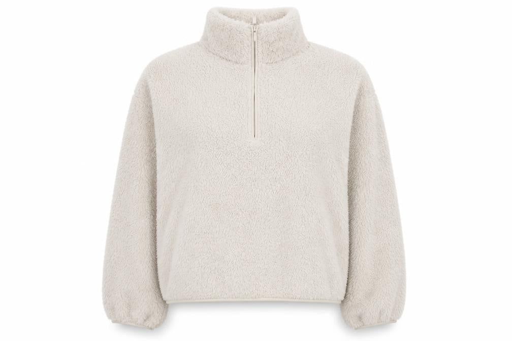 Front view of H&M women’s beige half zip fleece sweatshirt, size M