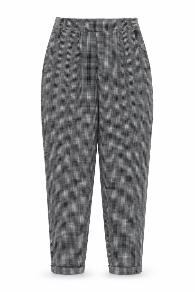 Front view of Jacqueline de Yong Women's Grey Check Tapered Trousers, size S