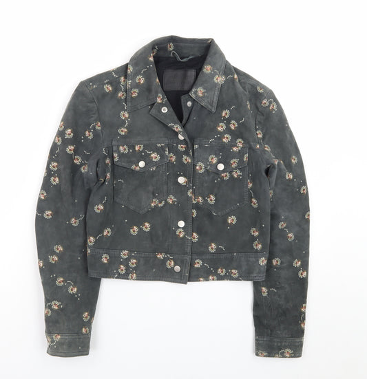 AllSaints Women's Black Floral Suede Cropped Biker Jacket Size 6